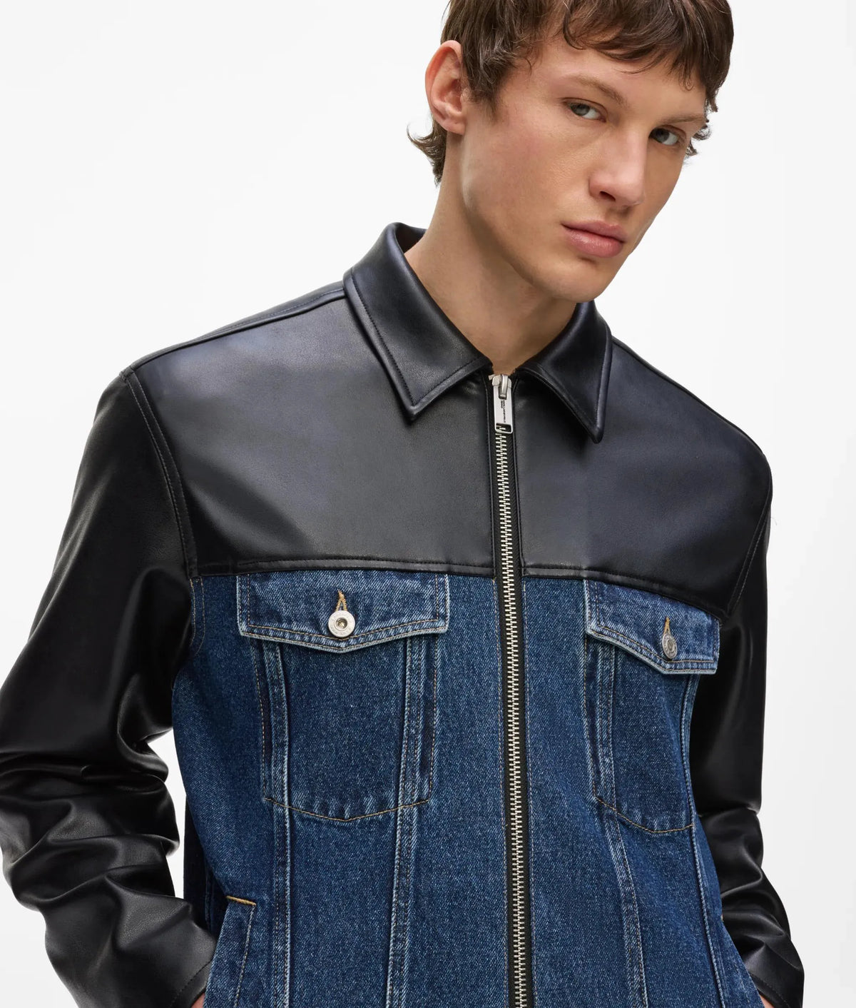 Faux-leather and denim jacket