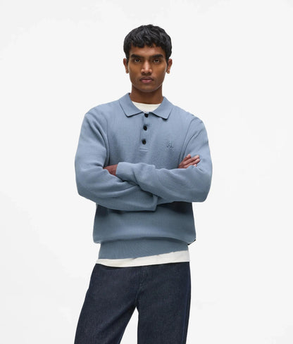 Rib knit long-sleeved polo shirt