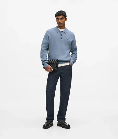 Rib knit long-sleeved polo shirt