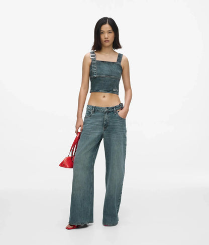 Buckle-detail low-rise wide jeans