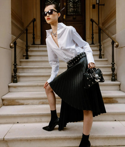 Pleated faux-leather skirt