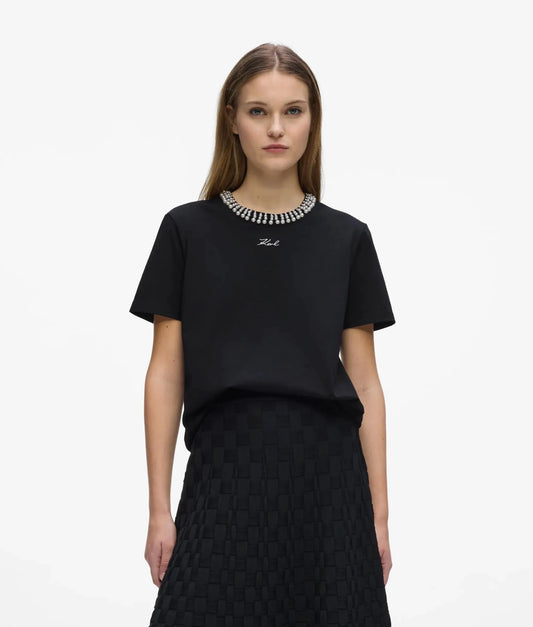 Faux-pearl neck T-shirt