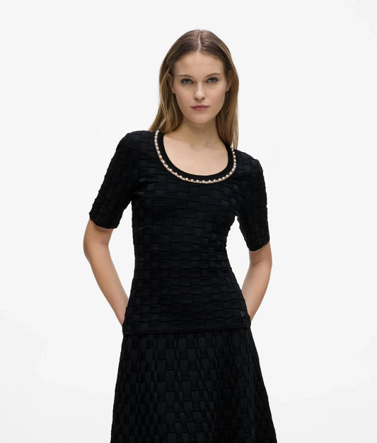 Faux-pearl neck knit top