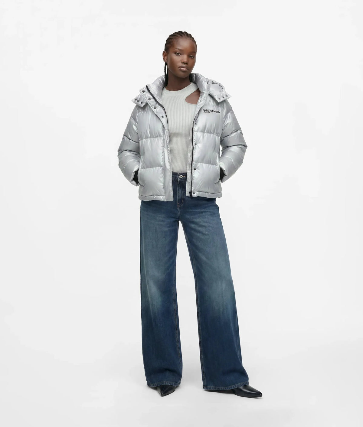 Cropped shiny puffer jacket